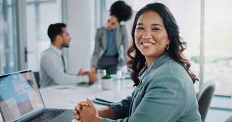 Happy woman, portrait and laptop with team for company research, about us or collaboration at...