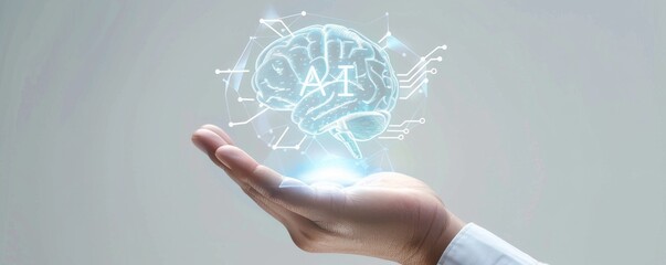 Hand holding digital brain with AI text representing artificial intelligence and futuristic technology