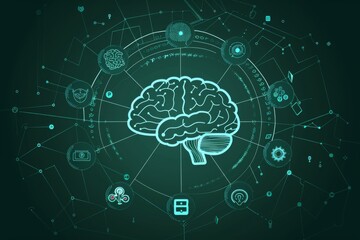 Artificial intelligence brain surrounded by futuristic technology icons