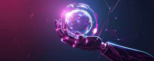 Robotic hand holding a digital globe symbolizing artificial intelligence and global technology