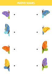 Match parts of cartoon cute colorful butterflies. Logical game for children.