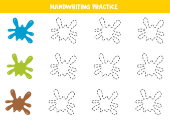 Tracing contours of colorful paint blobs or splashes. Writing practice.