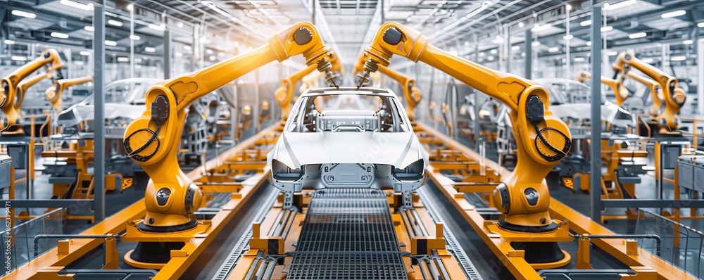 Poster automated car production line with robotic arms assembling vehicles in a modern factory