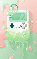 Cute kawaii milk tea game console with green slime on pastel background