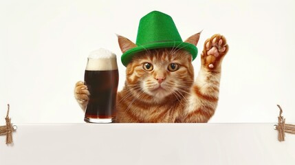 Naklejka premium Happy cat in a green hat holding a glass of dark beer with an empty banner isolated on a white background