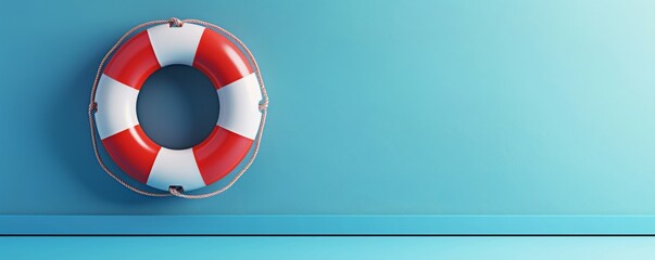 Red and white life preserver hanging on blue wall, symbolizing rescue and safety