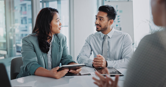 Business people, speaking and planning in finance meeting, group collaboration and teamwork on tablet. Financial advisors, talking and consulting for sales, client support and briefing for project