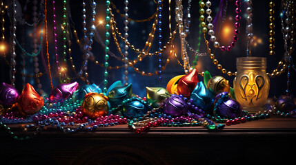 Table adorned with colorful Mardi Gras beads and decorative items.