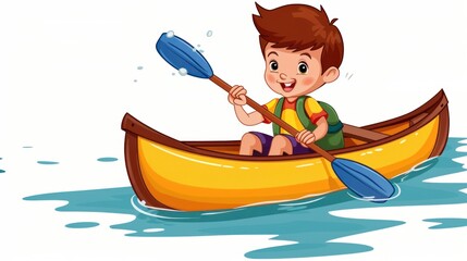 A little boy paddling a canoe, white background image
