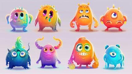 A variety of cute little monsters, big eye funny costumes Vector illustration