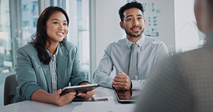 Business people, tablet and clients in meeting for data analytics, collaboration and investment advice. Analyst, stakeholder or b2b investor with digital tech for planning, review and talk of project