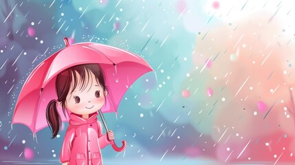 Fototapeta premium A cute little girl wearing a raincoat holds an open umbrella.