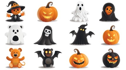 Fototapeta premium Halloween character collection Set of cute pumpkin vectors