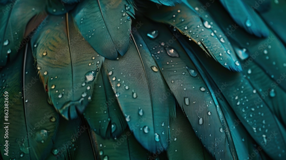 Poster a close up of a feather with water droplets on it. generate ai image