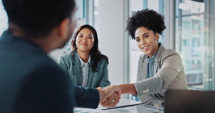 Business people, meeting and shaking hands for job interview, recruitment and introduction in public relations. Woman, clients or candidate with handshake in welcome, onboarding or career opportunity
