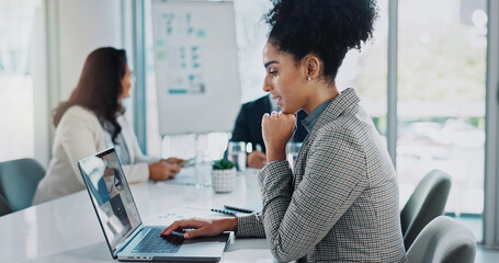 Business woman, computer and research with team for company project, presentation or collaboration...