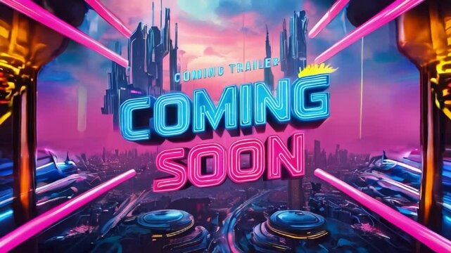 Vibrant cinematic movie trailer "Coming Soon" background, crafted with 3D computer-generated imagery and neon-lit typography, suspended within a dystopian futuristic cityscape