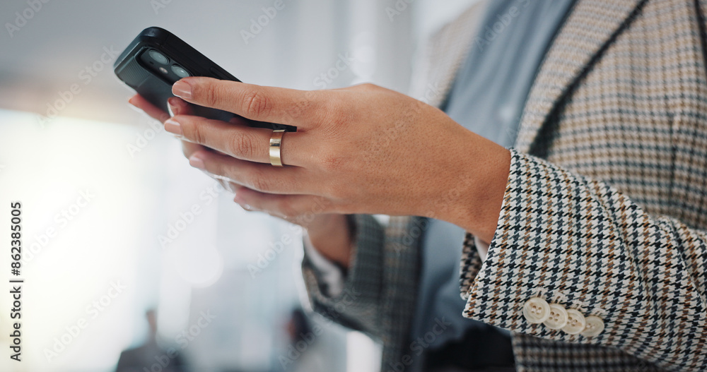 Poster office, hands and businessperson with smartphone for typing, chat and using phone for text message. 