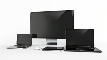 Fototapeta premium A series of images showcasing various electronic devices, including laptops, desktop monitors, tablets, and smartphones, all with blank screens, illustrating modern technology and device variety