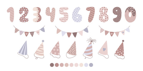 Children's magic happy birthday elements. Numbers set in cartoon design. Festive birthday elements collection in flat style. Vector illustration.
