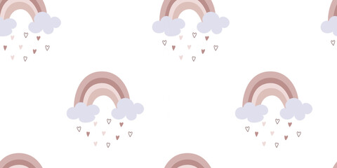 Children's seamless pattern for birthday, wallpaper, fabric, bed linen design. Illustration of a cute rainbow with clouds and rain in flat style. Vector illustration.
