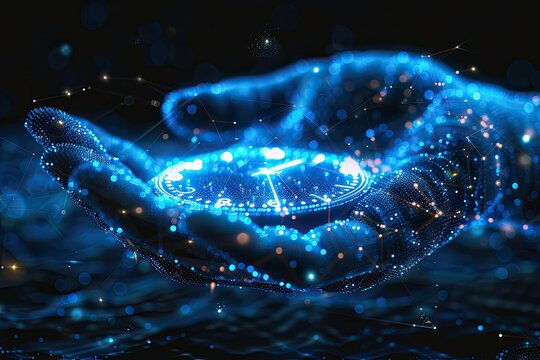 Digital 3D hand holding a clock or stopwatch in dark blue, hand of the person.