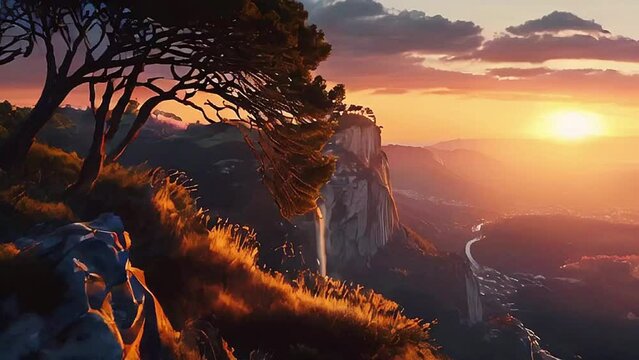 featuring bonsai on the edge of a cliff at sunset.Seamless 4k time lapse virtual video animation background