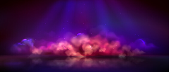 Pink neon light smoke. Space cloud game background. Metaverse wallpaper with purple futuristic mist. 3d spooky vapor cosmos landscape. Meta foggy dream backdrop scene with smoky texture flow © klyaksun