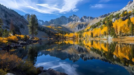 A serene mountain lake reflecting the fall.