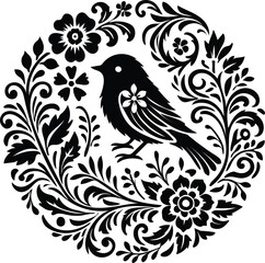 Elegant Summer Floral Bird Silhouette Illustration Clipart. Silhouette Black Motif Design with Summer Garden Forest theme for nature Crafts.