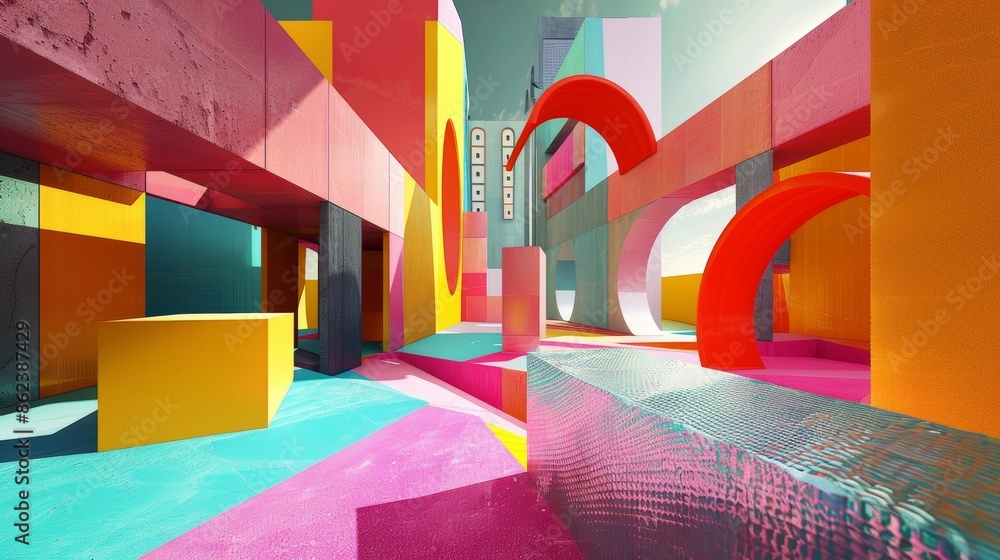 Poster a medley of colors and shapes arranged in a way that challenges the viewers perception and invites e
