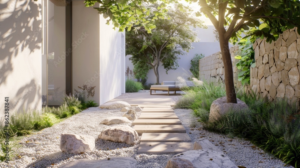 Poster a minimalist garden featuring precise and angular pillars adding a touch of modernity to the landsca