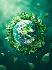 A beautiful illustration of Earth surrounded by lush green leaves, depicting the concept of environmental sustainability and nature conservation.