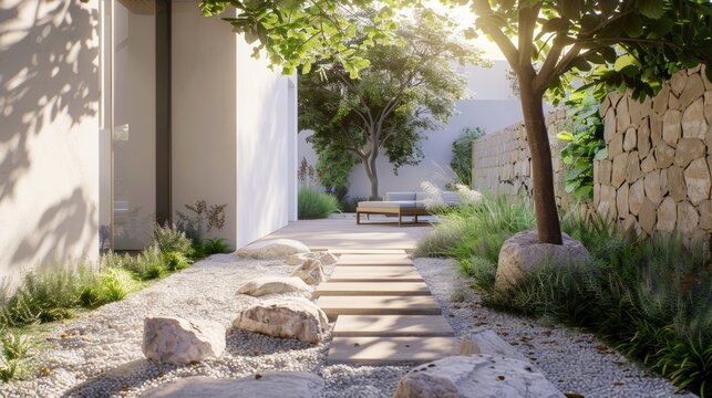 A minimalist garden featuring precise and angular pillars adding a touch of modernity to the landscape.