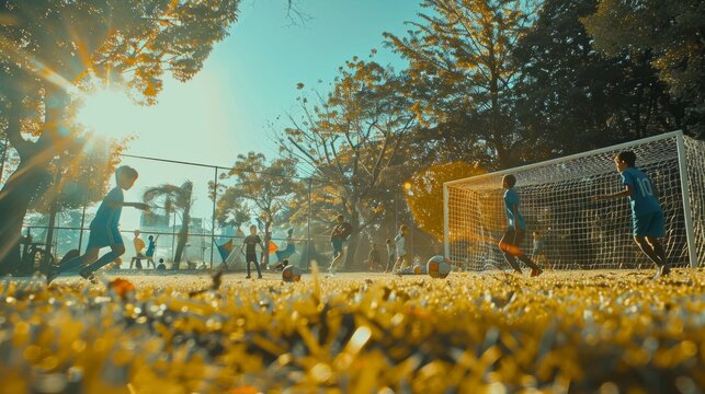 The bright concept is a minimalist background of the Youth Soccer Match. Shot on Fujifilm, Fujicolor C200, with depth of field emphasized --ar 16:9 Job ID: 58347dd1-6de1-4527-aec7-4866e95d8113