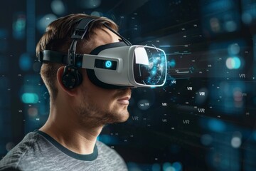 Person wearing VR headset with digital elements showcasing immersive virtual reality technology and interactive experiences