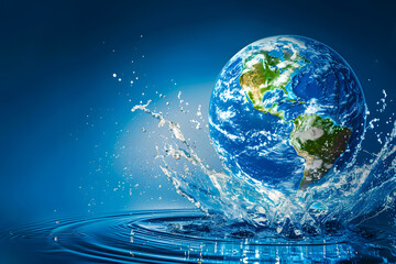 Fototapeta premium Stunning image of Earth surrounded by water splashes on a blue background, symbolizing global environmental awareness and sustainability.