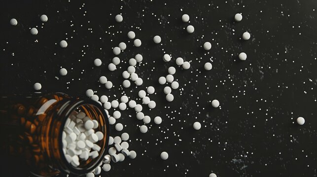 Zolpidem white pills spilling from bottle top view with space