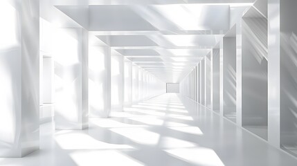 Obraz premium Digital illustration of a white, minimalist 3D room with geometric patterns and soft lighting, creating the illusion of an endless technology tunnel.