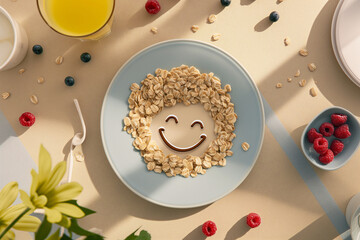 Cereal Plate with Smiley Face, Breakfast table, with Berries, Milk, and a Juice