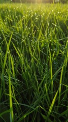 Fototapeta premium dewy green grass close-up with sunlight, nature background