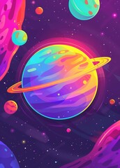 Colorful illustration of fantasy planets in a vibrant galaxy