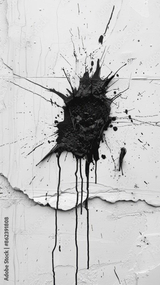 Poster a splash of black paint streaks across a white wall creating a stark contrast and adding an element 