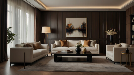 A beautifully designed living room, emphasizing the furniture, d&eacute;cor, and overall aesthetic. Aim for a mix of wide shots and detailed close-ups.

