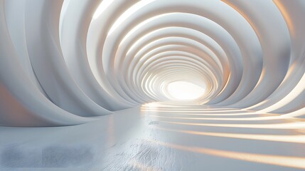 Obraz premium Close-up of a 3D room with a white background and subtle lighting, featuring an abstract floor pattern that gives a sense of depth and tunnel-like space.