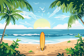 Tropical summer vacation concept. Sunny day on the beach of tropical island. Family holiday, surf