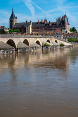 View.on old part of town of Gien on the Loire river, in Loiret department, France, houses with tiled roofs and chimneys, castle and bridge