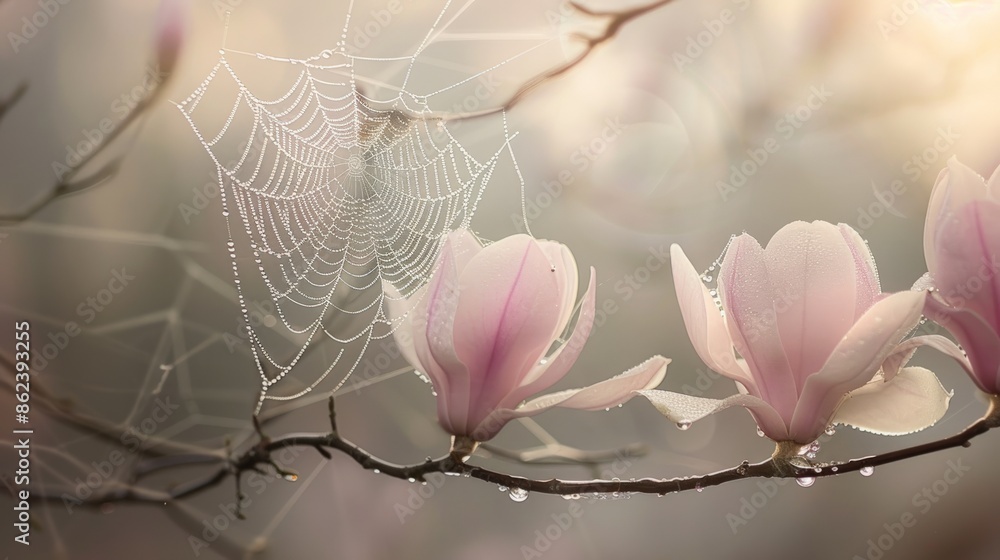 Poster a spider web is on a branch with two pink flowers. generate ai image