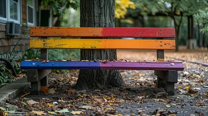 Fototapeta premium Bright Rainbow Bench Resting Under a Tree in School Yard