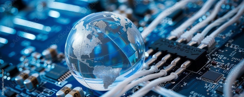 Poster global technology connection concept with crystal globe on circuit board